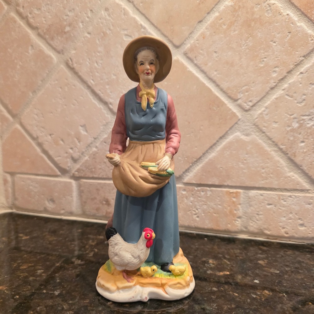 Vintage Ceramic Farm Woman Figurine‎ Chickens Corn Home Interiors 7.5"
